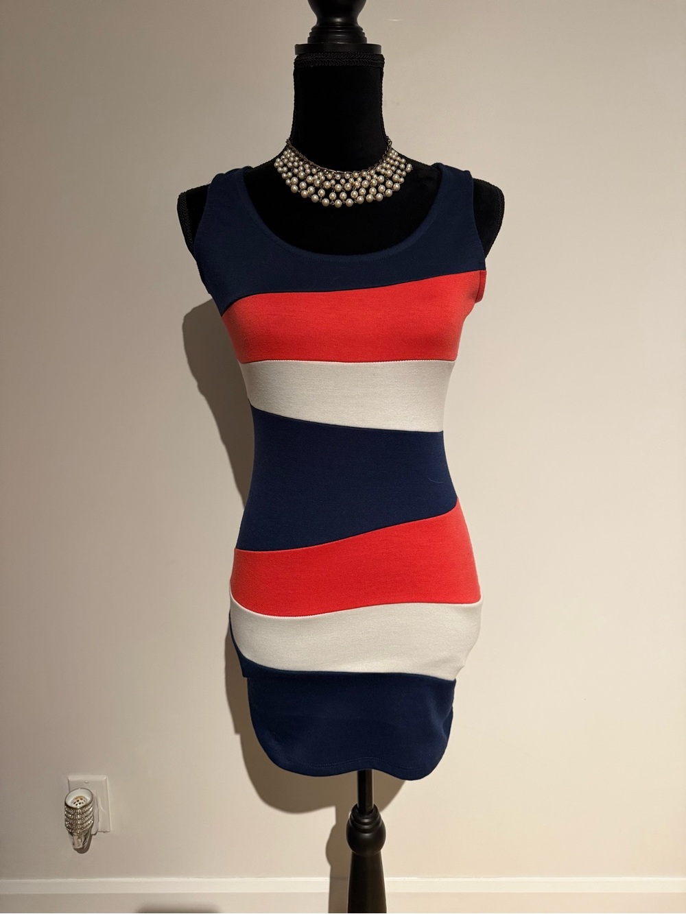 Sleeveless Navy, Red & White Striped Mini Dress